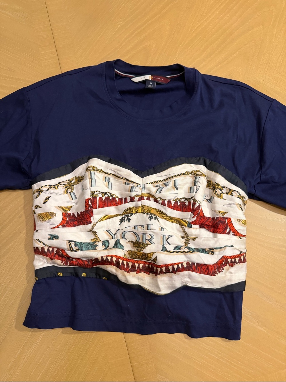 Tommy Hilfiger Navy Short Sleeve Top with Decorative Scarf Print
